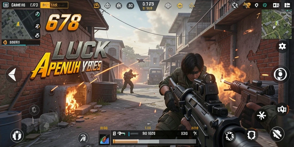 Screenshot gameplay intens dari 678LUCK di medan perang FPS.