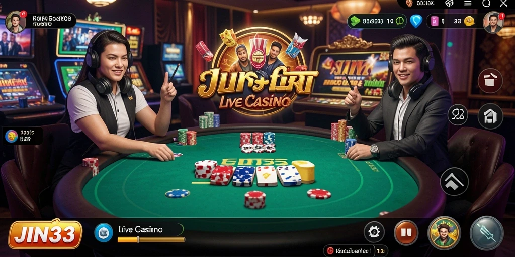 Screenshot JIN33 menampilkan dealer profesional dan meja permainan Live Casino.