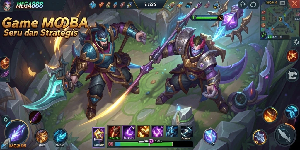 Tangkapan layar gameplay seru dari MEGA888 yang menunjukkan aksi MOBA.