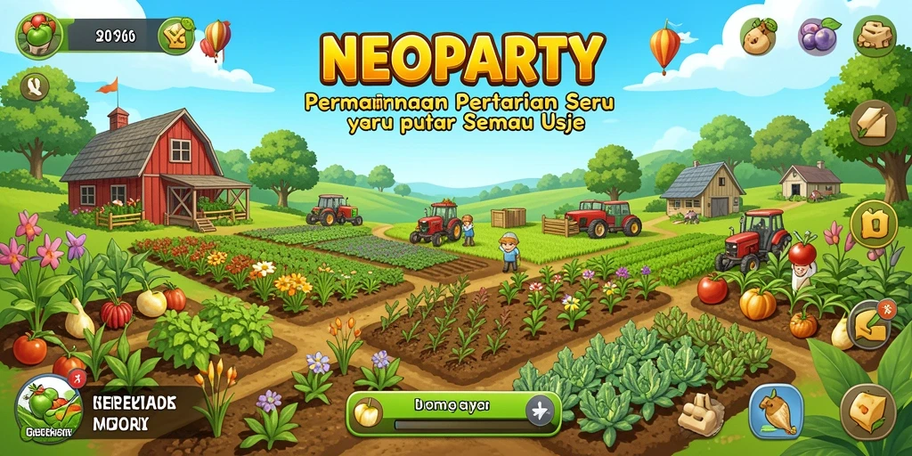Tampilan gameplay NEOPARTY dengan ladang yang hijau dan indah.
