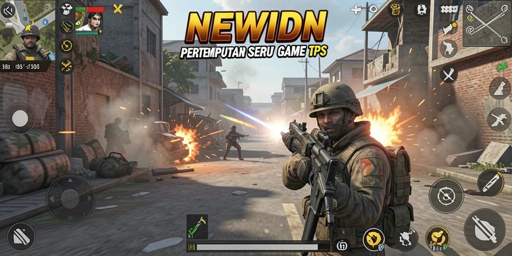 Tampilan gameplay NEWIDN dengan pertempuran mendebarkan dalam arena TPS.