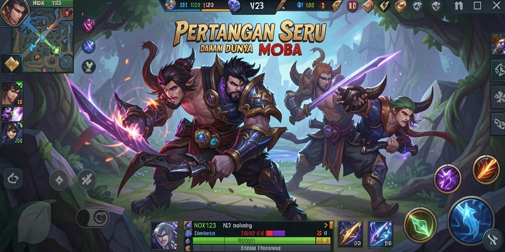 Tangkapan layar dari gameplay seru NOX123 dalam pertarungan MOBA.