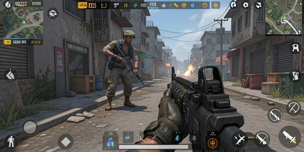 Screenshot gameplay QQ222 menampilkan pertempuran TPS yang intens.