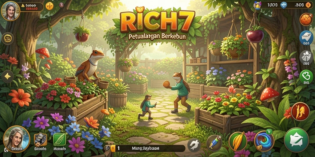 Tampilan gameplay RICH7 dengan aktivitas berkebun yang seru.